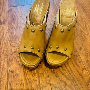 Stuart Weitzman Tan Wedge Shoes with Open Toe and Studded Design